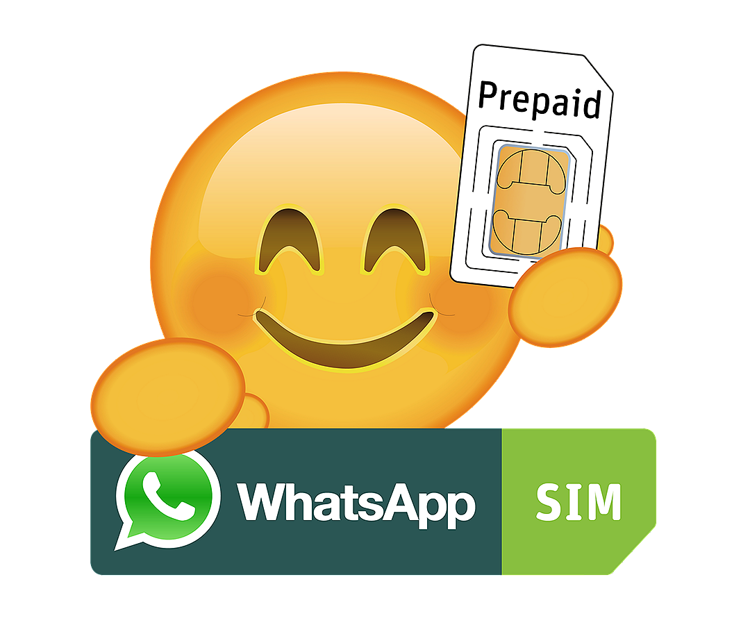 Lächelndes WhatsApp SIM Icon hält Prepaid Karte 