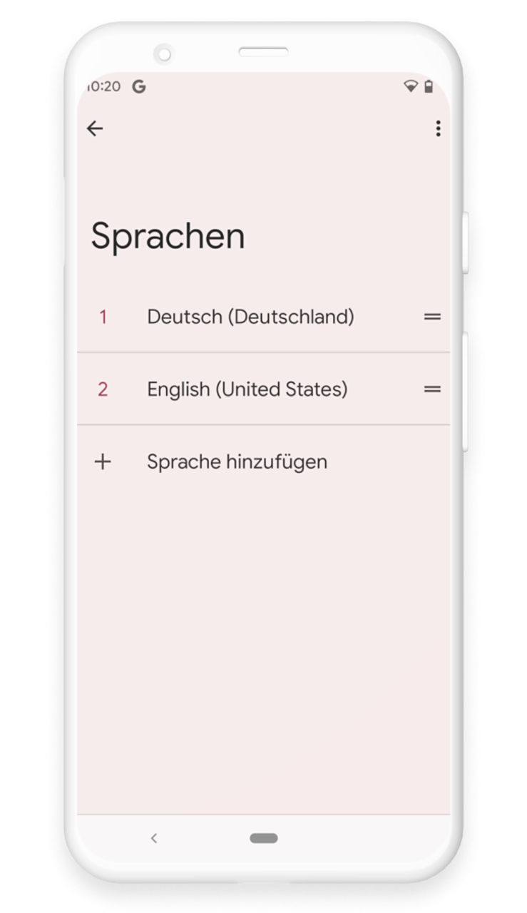 Unter dem Punkt "Sprachen" werden die Sprachen "1 Deutsch (Deutschland)" und "2 English (United States)" angezeigt. Darunter steht der Eintrag "+ Sprache hinzufügen".