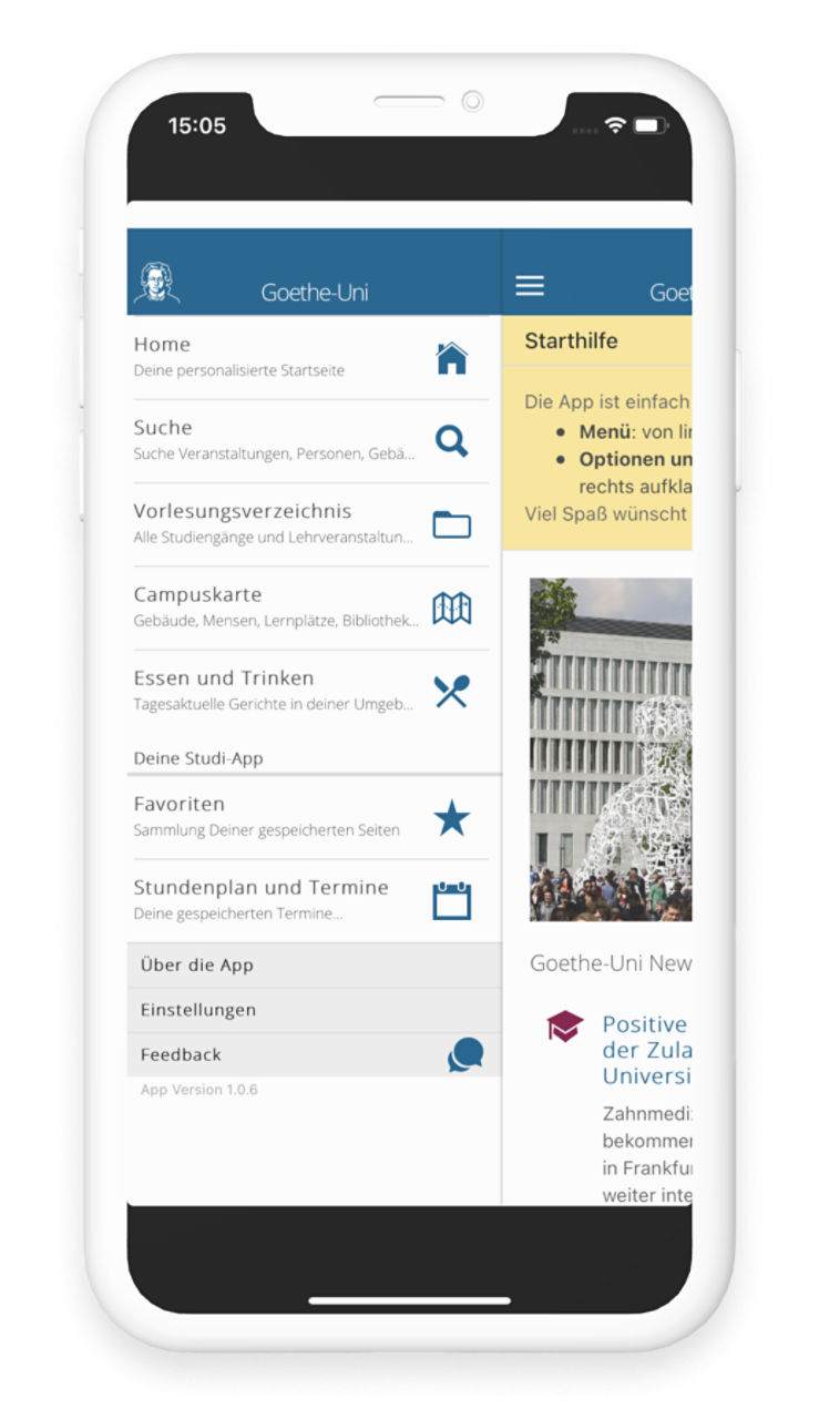 Goethe-Uni Frankfurt App-Screenshot Menü