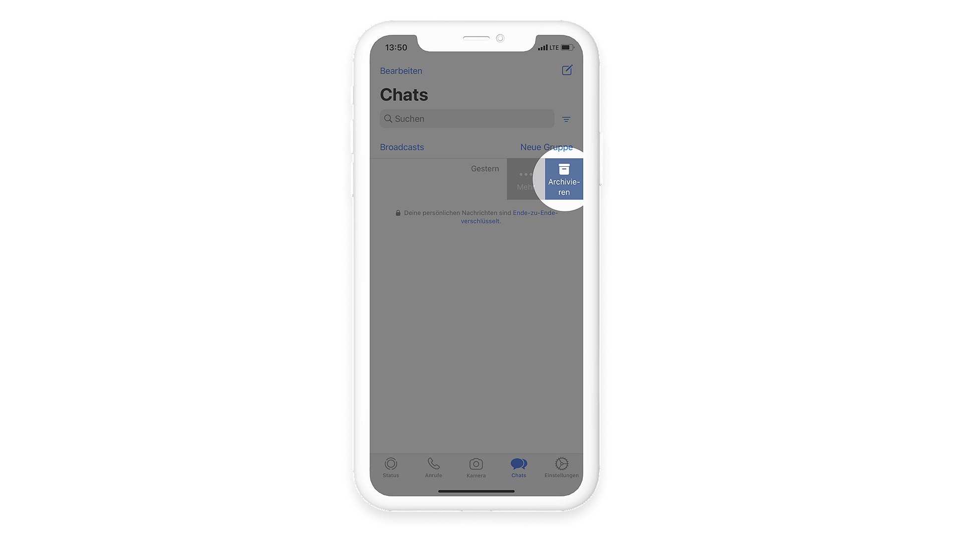Durch das Wischen nach links können ausgewählte WhatsApp Chats archiviert werden