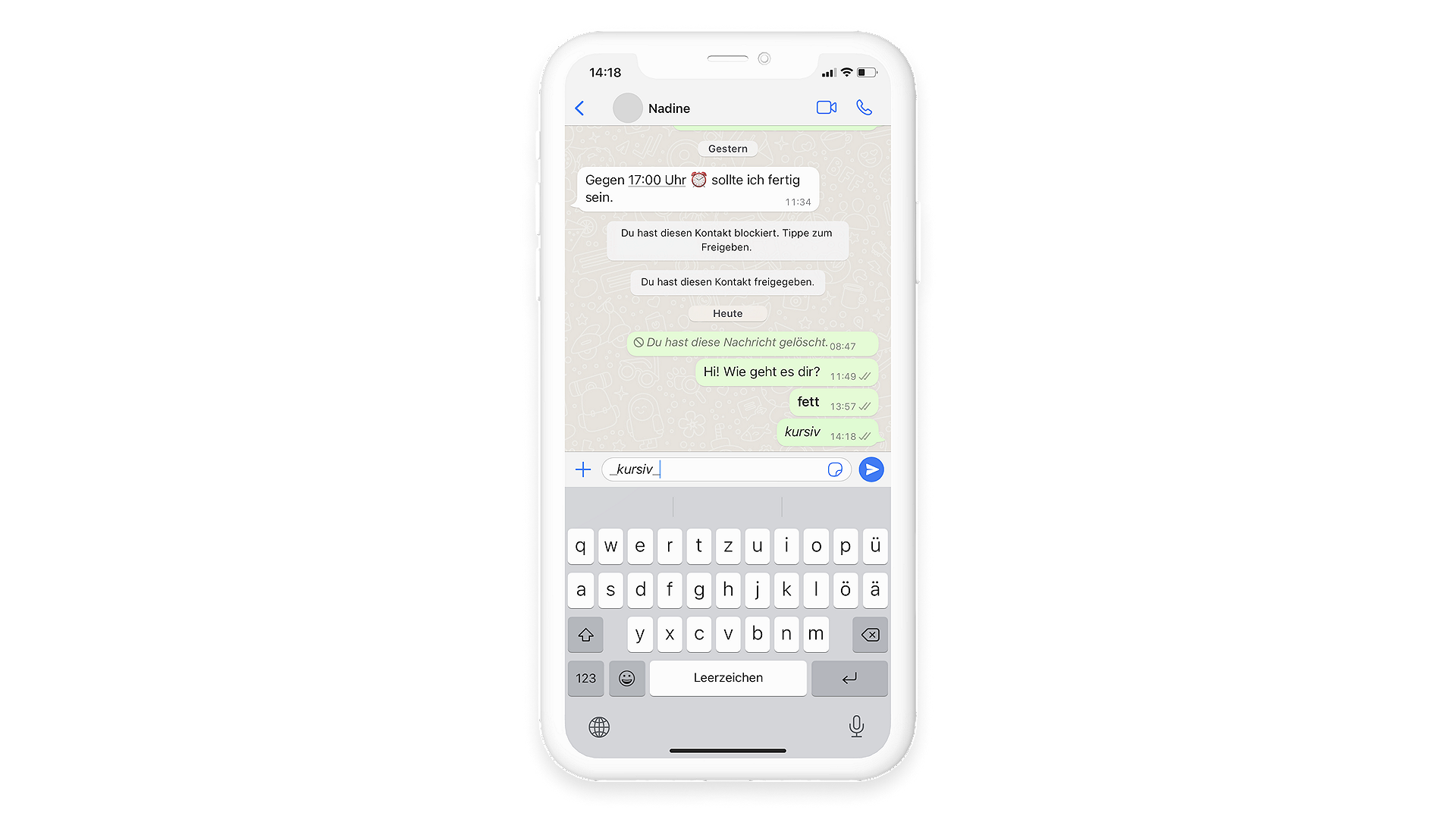 Ein Screenshot eines WhatsApp Chats, im Eingabefeld wurde "_kursiv_" geschrieben.