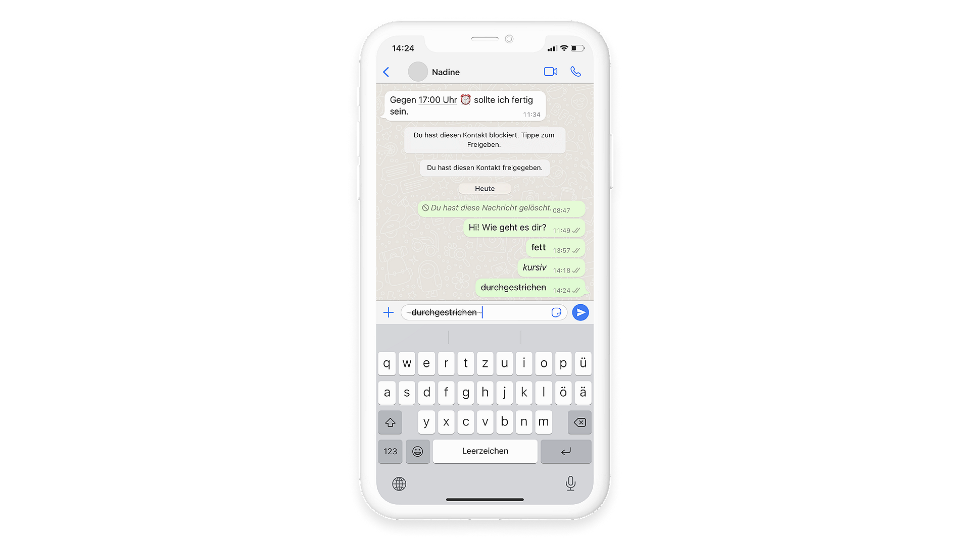 Ein Screenshot eines WhatsApp Chats, im Eingabefeld wurde "~durchgestrichen~" geschrieben.