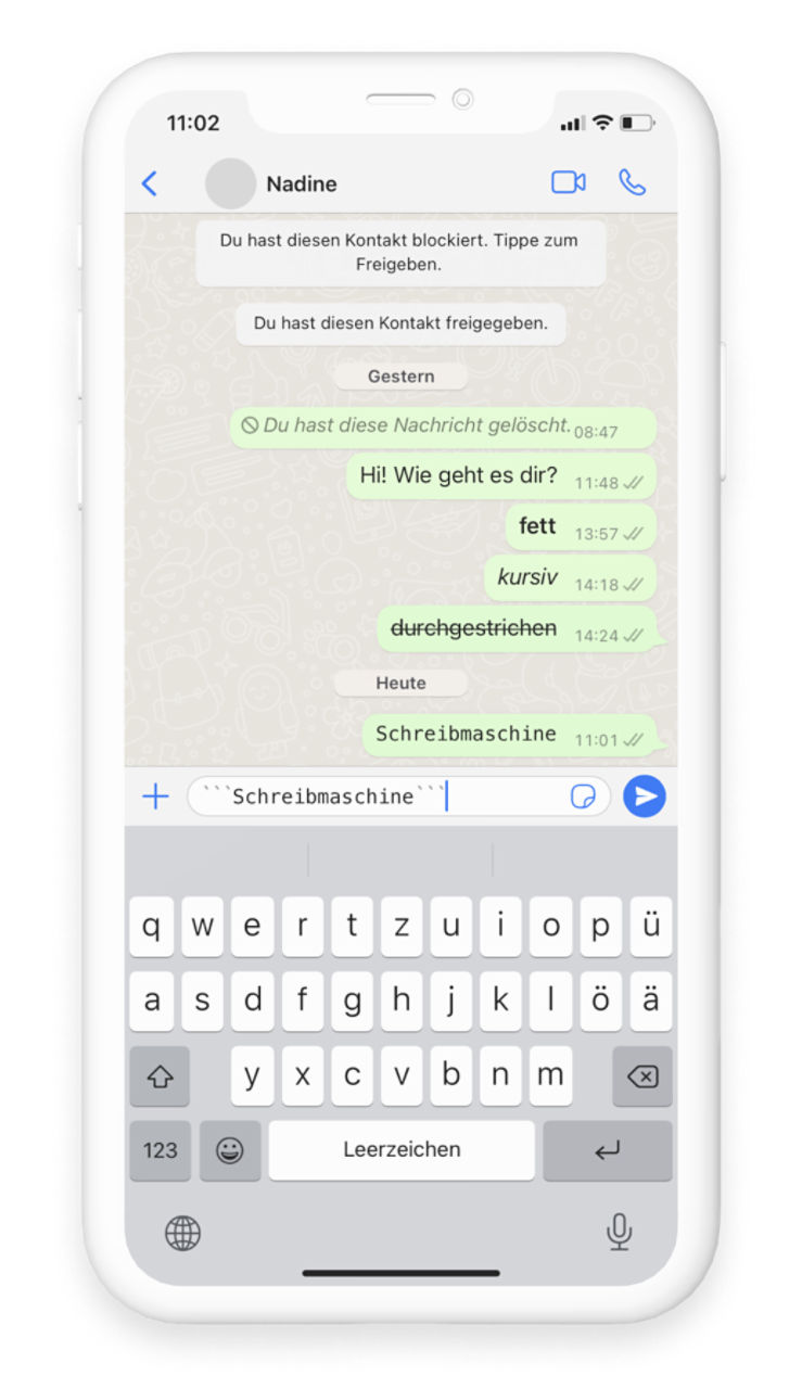 Ein Screenshot eines WhatsApp Chats, im Eingabefeld wurde "'''Schreibmaschine'''" geschrieben.