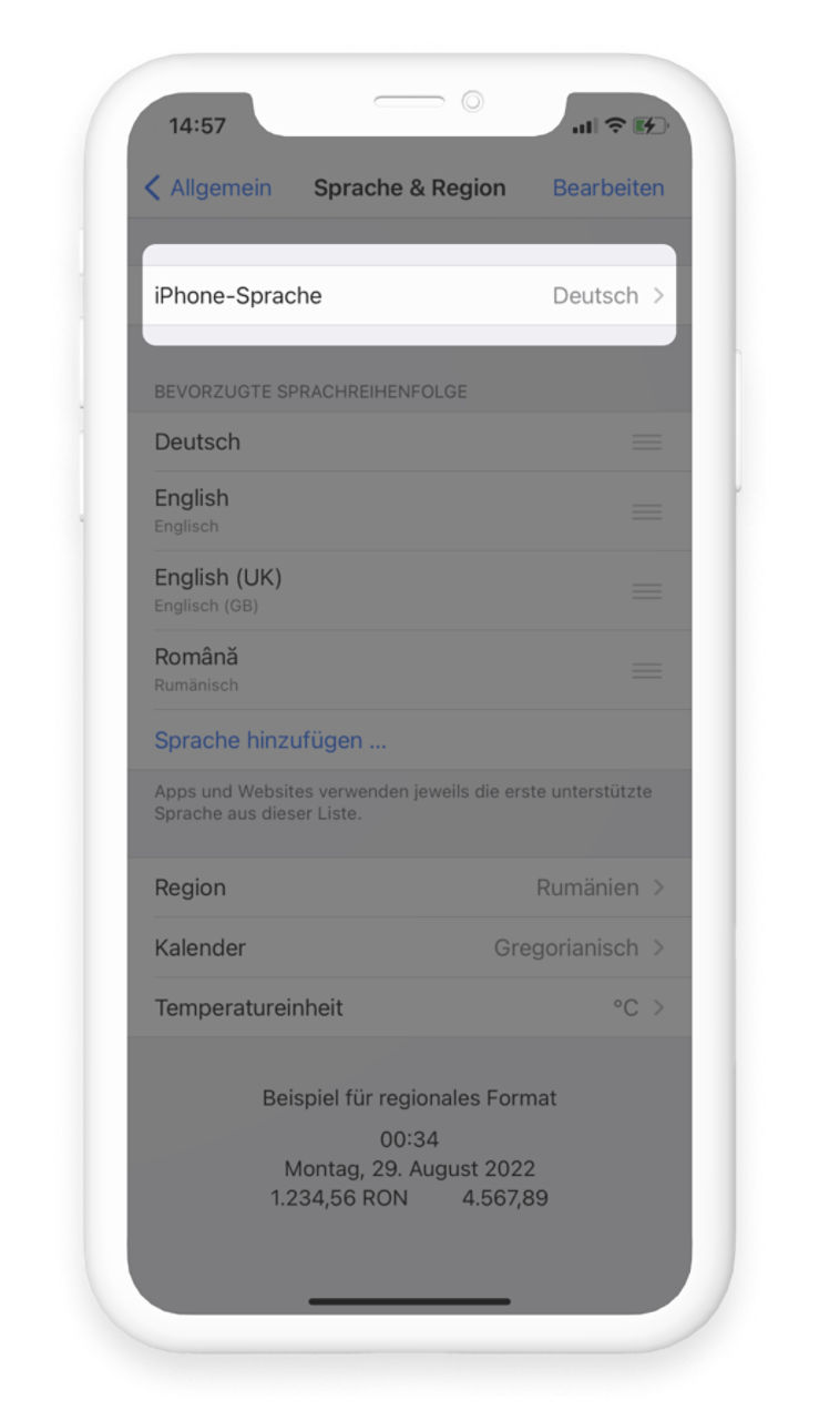Unter "Sprache & Region" ist das erste Feld "iPhone-Sprache" hervorgehoben.