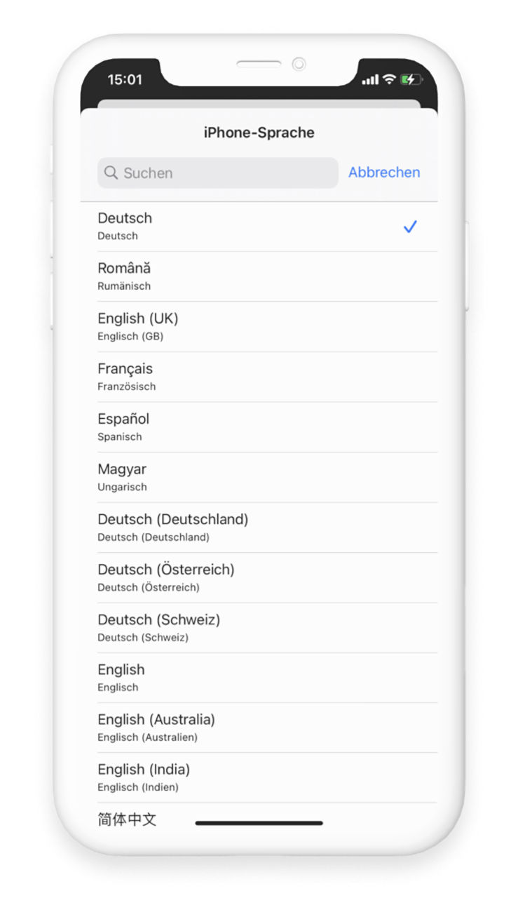 Unter "iPhone-Sprache" werden verschiedene Sprachen aufgezählt, "Deutsch" ist mit einem Haken markiert.