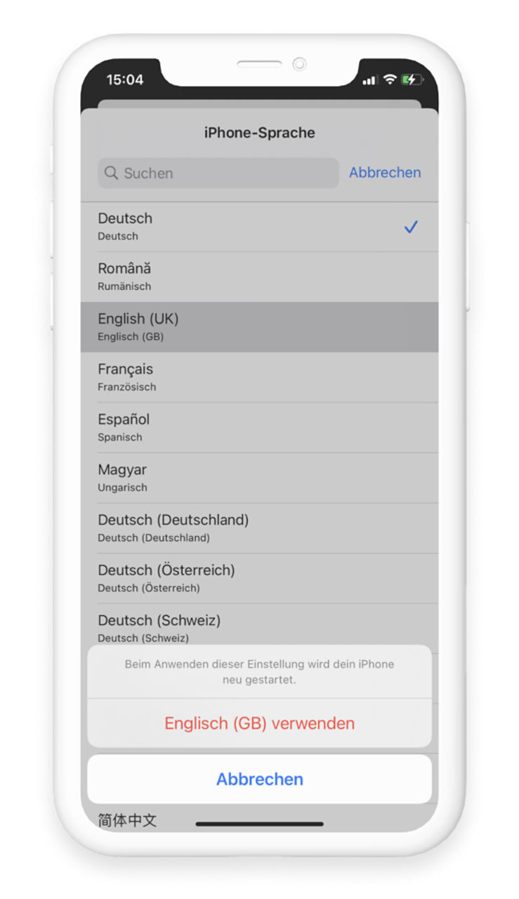 In "iPhone-Sprache" werden verschiedene Sprachen aufgezählt und "English (UK)" ist ausgewählt. Unten werden die Optionen "Englisch (GB) verwenden" und "Abbrechen" angeboten