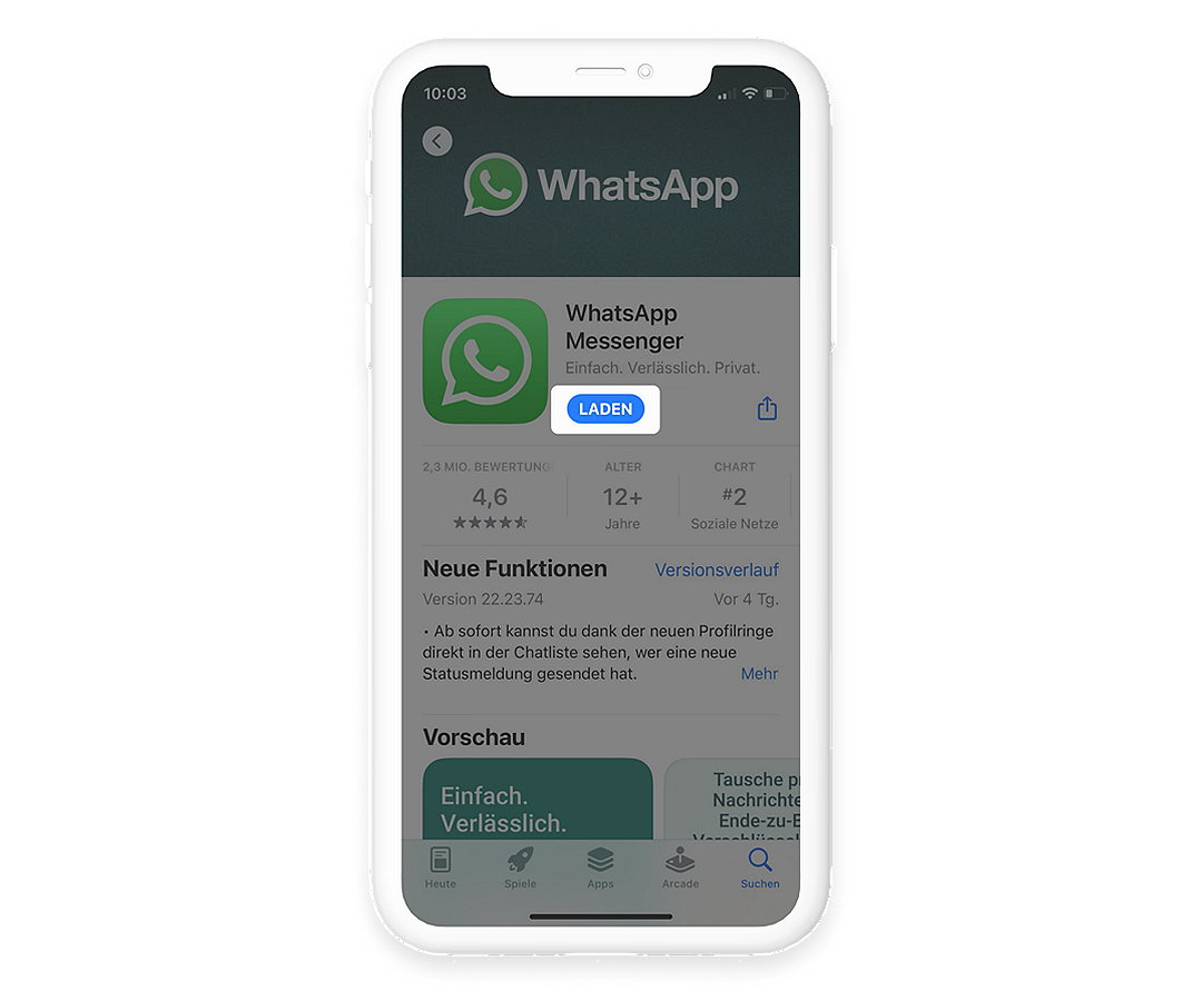 Im App Store wurde nach "WhatsApp" gesucht, das "Laden"-Feld ist hervorgehoben.