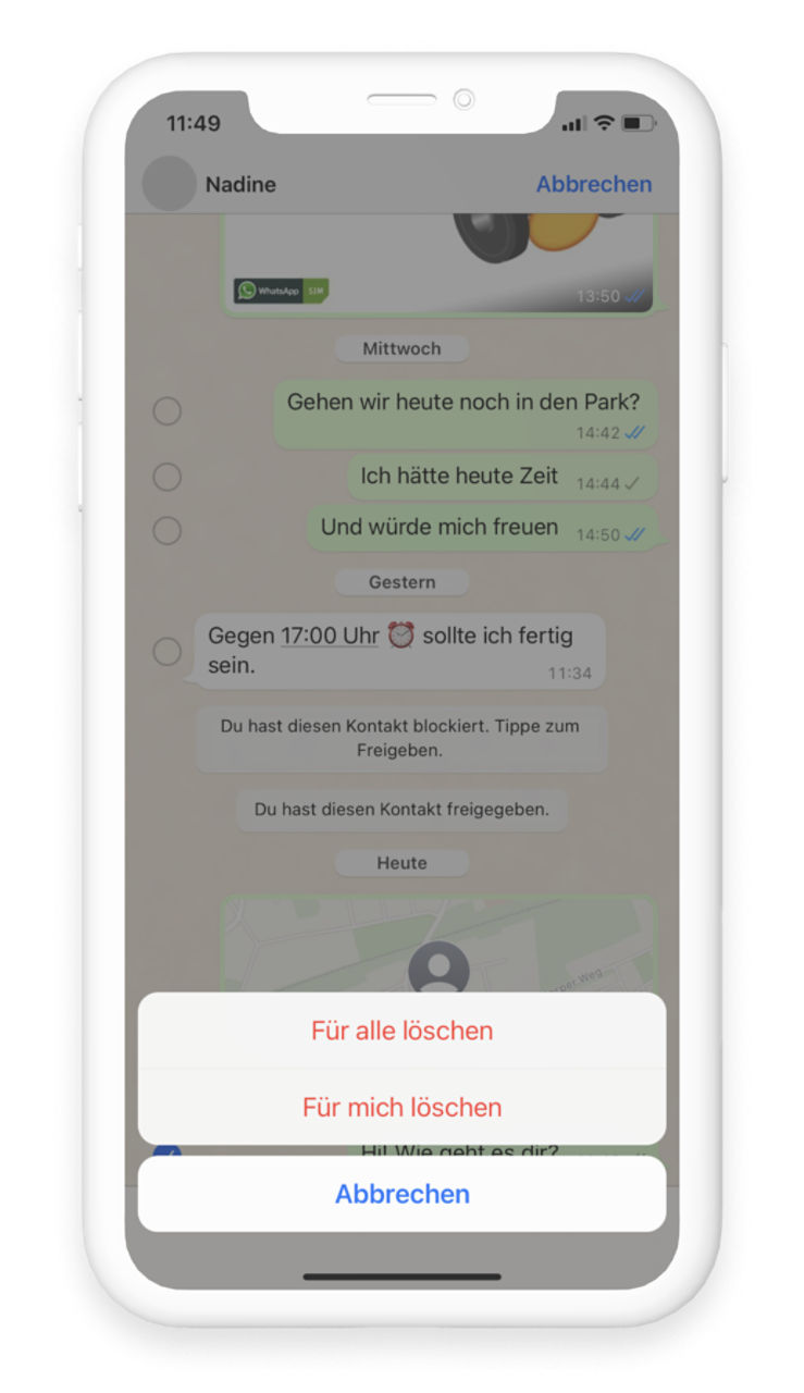 Ausgegrauter WhatsApp Chat mit Pop-up zu Nachricht Löschen