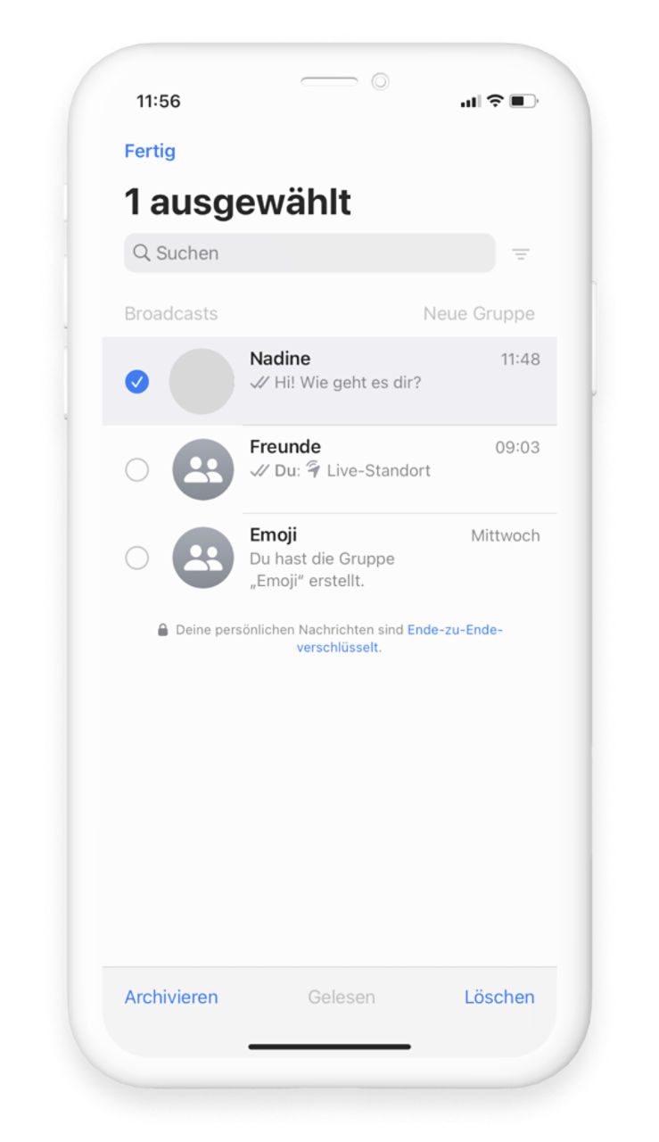 WhatsApp Chat Übersicht, erster Chat mit blauem Hacken ausgewählt