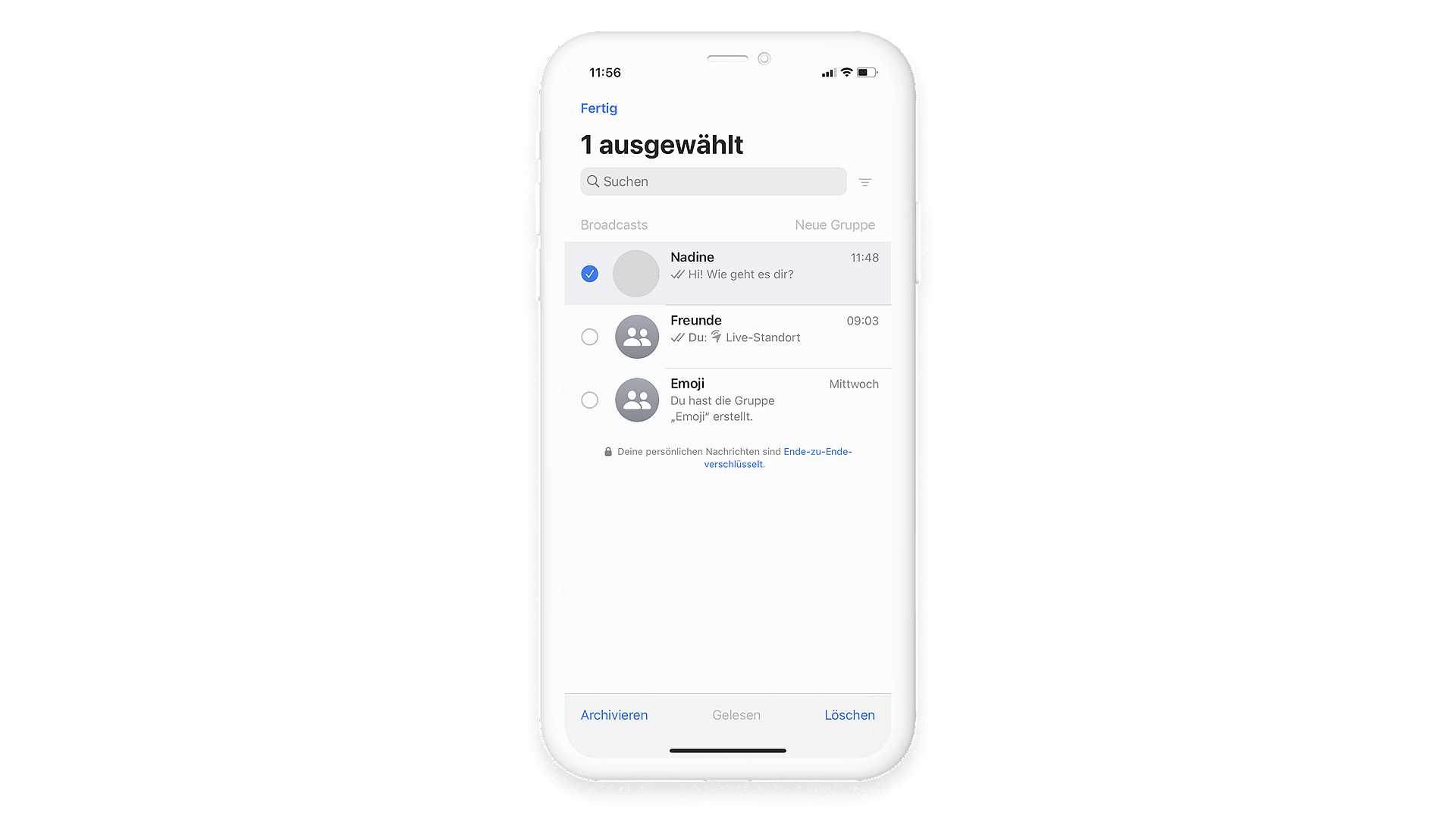 WhatsApp Chat Übersicht, erster Chat mit blauem Hacken ausgewählt