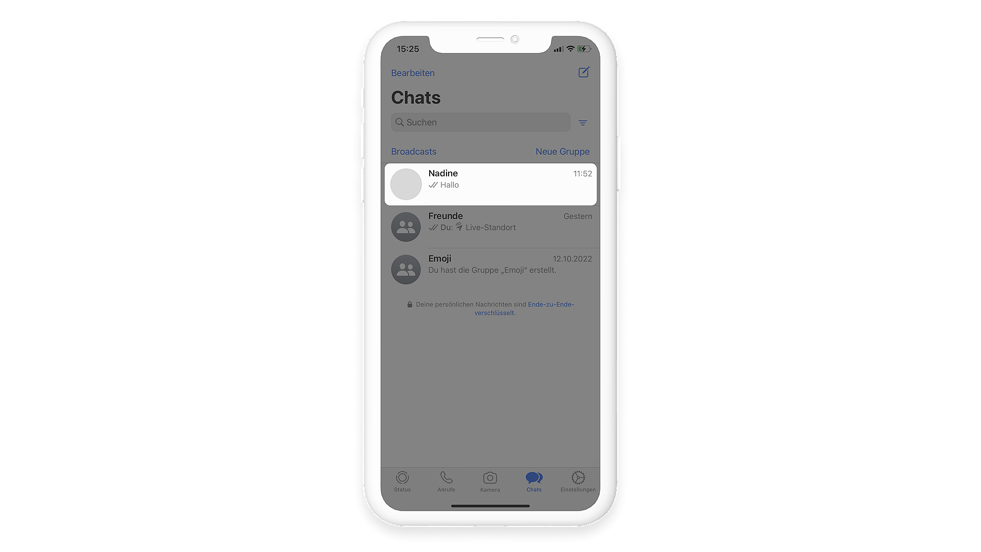 Ein Screenshot der WhatsApp Chat-Übersicht, der erste Chat ist hervorgehoben,.