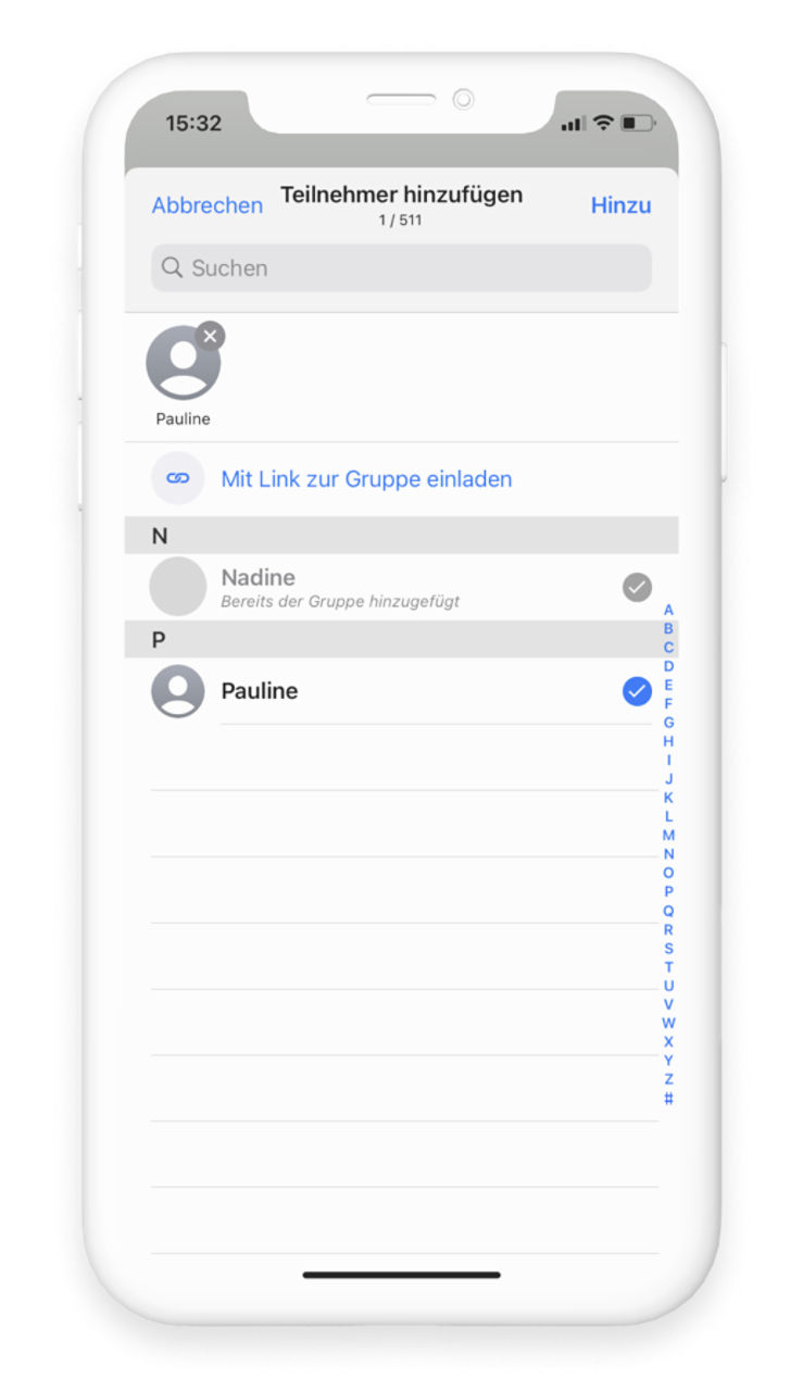Kontakte können einer WhatsApp Gruppe über das Tippen auf "Teilnehmer hinzufügen" beigefügt werden