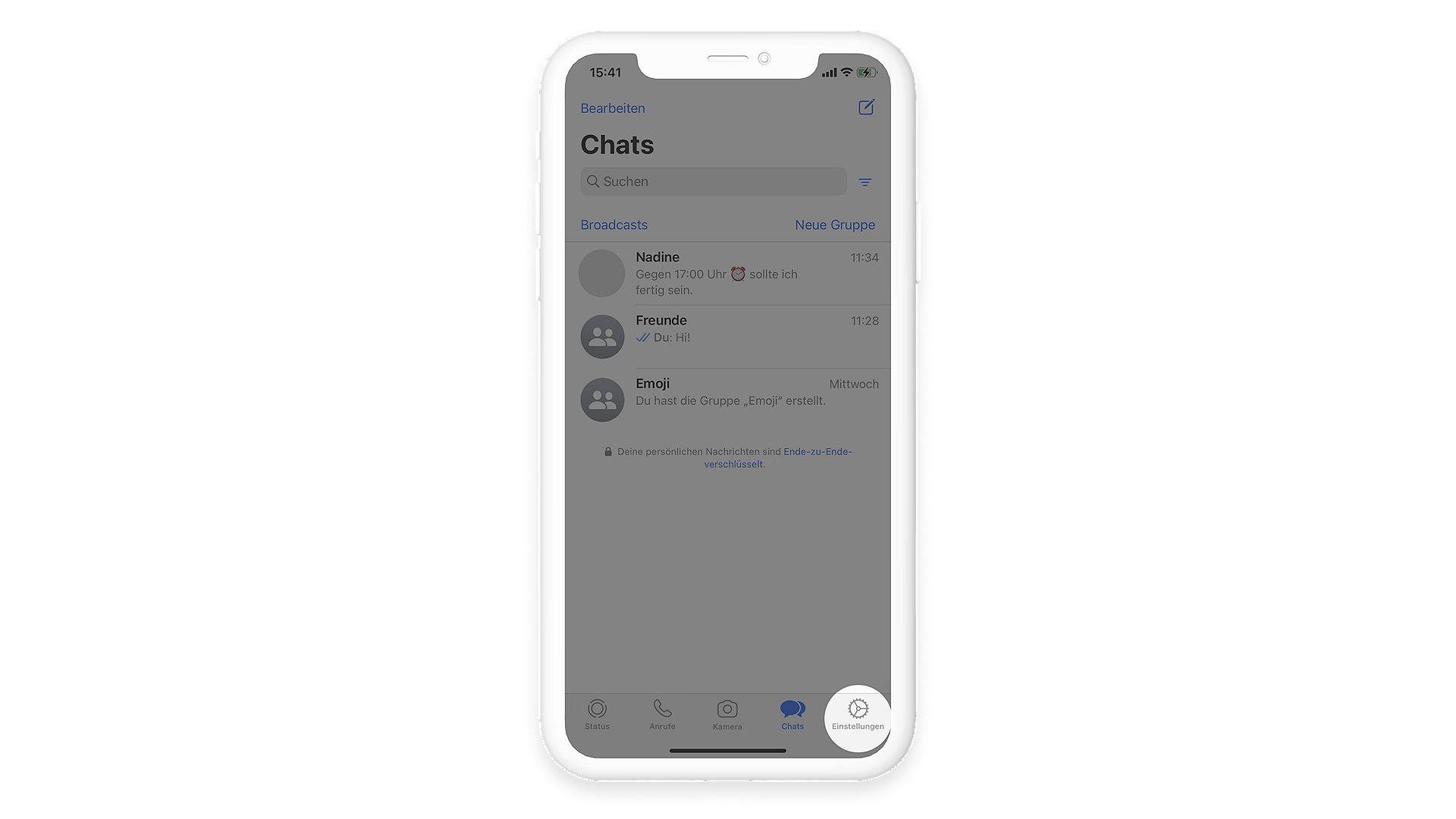 WhatsApp Chat Übersicht, Einstellungssymbol rechts unten rot umrandet, zur Änderung der Lesebestätigung