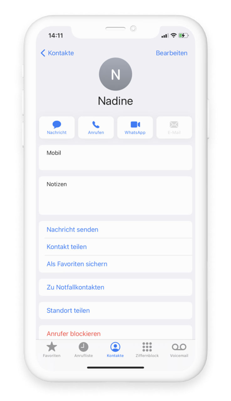 Übersicht eines angelegten Kontakts in iOS
