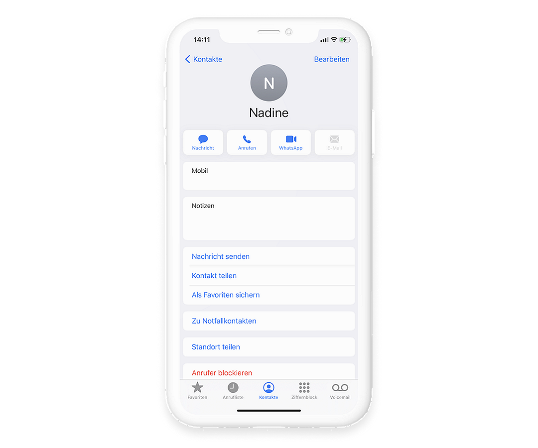 Übersicht eines angelegten Kontakts in iOS