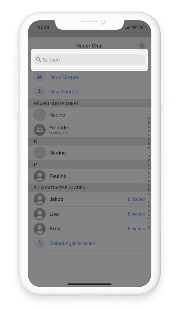 Hervorgehobener "Suchen"-Bereich in der Kontakteübersicht iOS