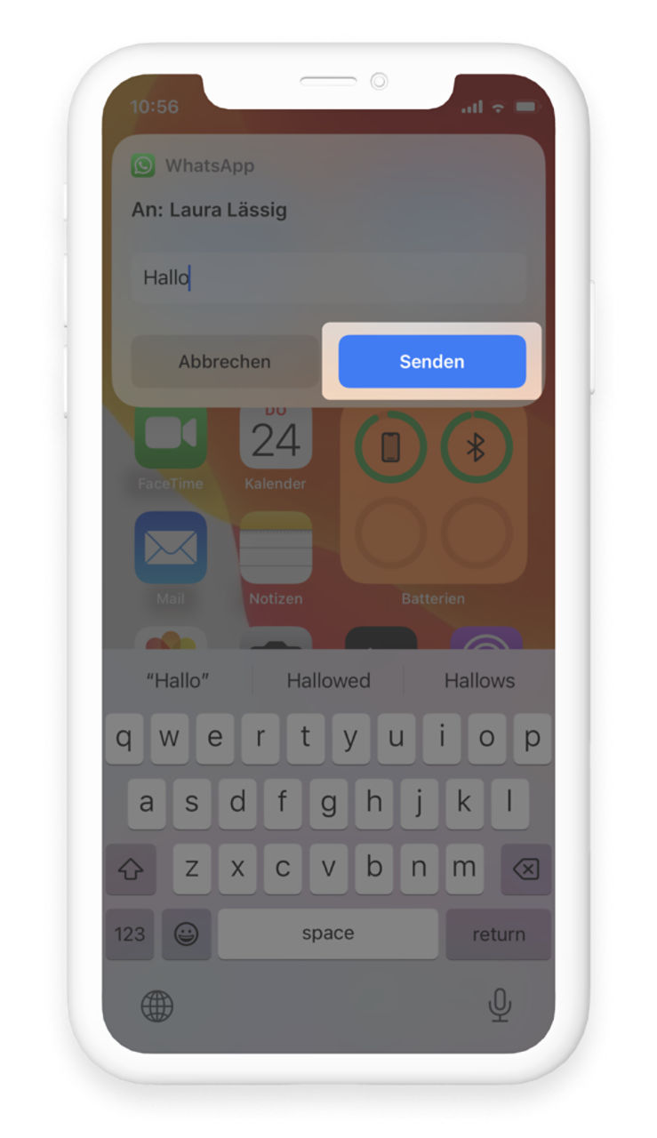 Siri zeigt die gesprochene Nachricht ausgeschrieben in einem Chat-Fenster an, man kann zwischen "Abbrechen" und "Senden" wählen. Das "Senden"-Feld ist hervorgehoben.