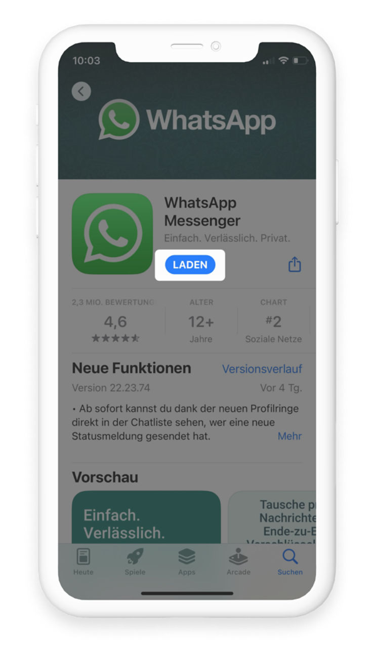 Die WhatsApp-Seite im App Store wird angezeigt, das "Laden"-Feld ist hervorgehoben.
