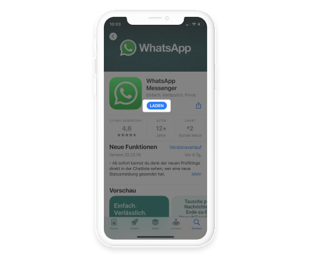 WhatsApp Messenger im App Store, "Laden"-Button hervorgehoben