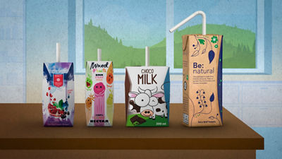 Tetra Pak cartons standing on table with paper straws