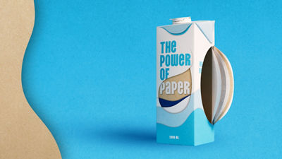 Tetra Brik Aseptic carton package, material layers showing. O2 and sun icons