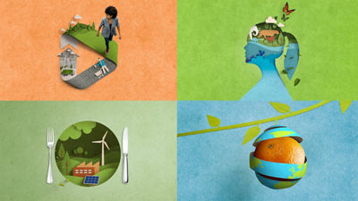 four key visuals representing circularity, biodiversity, climate and food