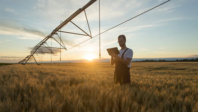 Man with ipad in fields