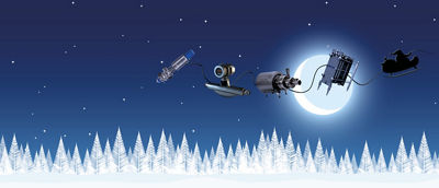 Weinhachtsmann in Schlitten zieht Tetra Pak Ersatzteile über Winterlandschaft