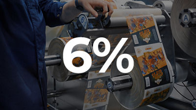 A person works at a machine with printed packaging film, with 6% displayed across the image.
