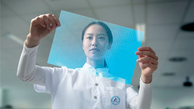 La imagen muestra a una mujer con un uniforme blanco de Tetra Pak que sostiene una hoja azul translúcida y la examina.  Parece concentrada, sosteniendo la hoja sobre su cabeza, lo que sugiere un entorno técnico o de laboratorio. 