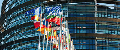 flags in front of the European Parliament