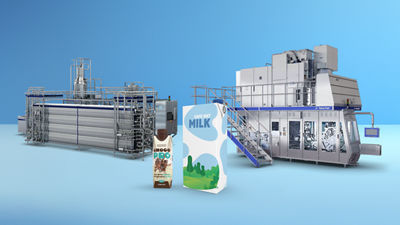 Tetra Brik Aseptic carton packages, heat exchanger and filling machine in backgroud