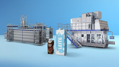Embalagens cartonadas Tetra Brik Aseptic, trocador de calor e máquina de envase em segundo plano