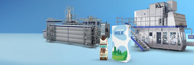 Tetra Pak cartons, heat exchanger and filling machine in background