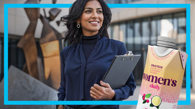 Woman with document holder, protein drink in Tetra Prisma Aseptic carton package
