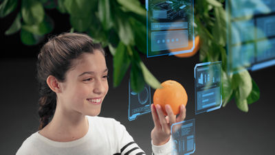 Girl with orange, augmented reality