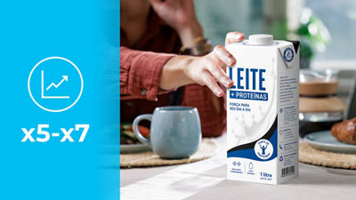 Pegando uma embalagem cartonada Tetra Brik Aseptic com leite proteico, ícone aumenta x5-x7