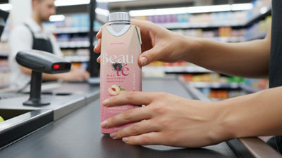 Hands holding Tetra Prisma carton with tea