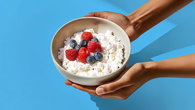 Manos sosteniendo un tazón con queso cottage y bayas