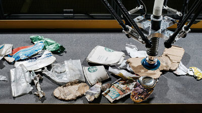 Brazo robótico clasificando envases de cartón para reciclaje