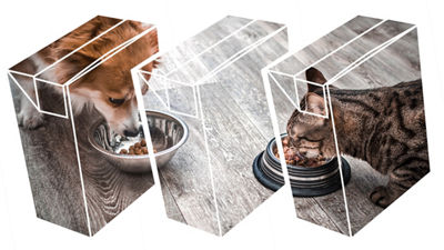 Dog and cat eating, transparent cartons