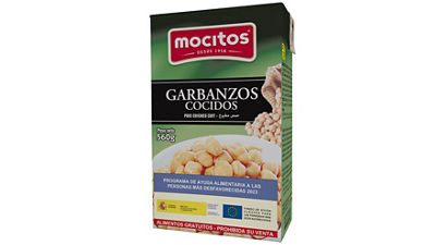 Chickpeas in a Tetra Recart® carton package, with a special packaging design for food funded by the EU and distributed for free to people in need. 