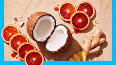 Slices of blood orange, coconut and ginger