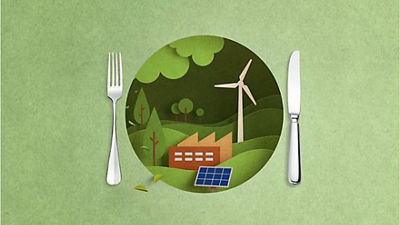 Plant illustration on a plate with knife and fork