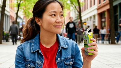 Woman with Tetra Prisma Aseptic carton, drinking on-the-go
