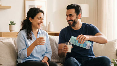 Couple with milk in glass and carton package