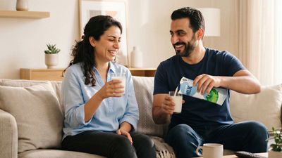 Couple with milk in glass and carton package