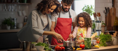 Family cooking dish with beans