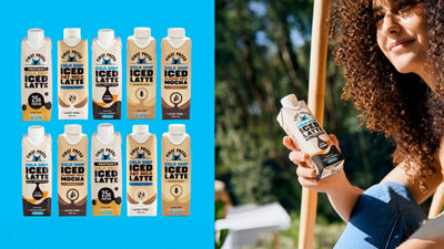 Iced latte coffee drinks and woman holding Tetra Prisma Aseptic carton with RTD coffee
