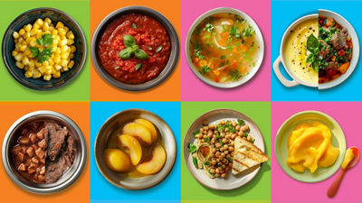  28 bowls with different kinds of food